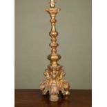 A giltwood table lamp of tapering form on tripod base, 58cm highChips and scratches to paintwork;