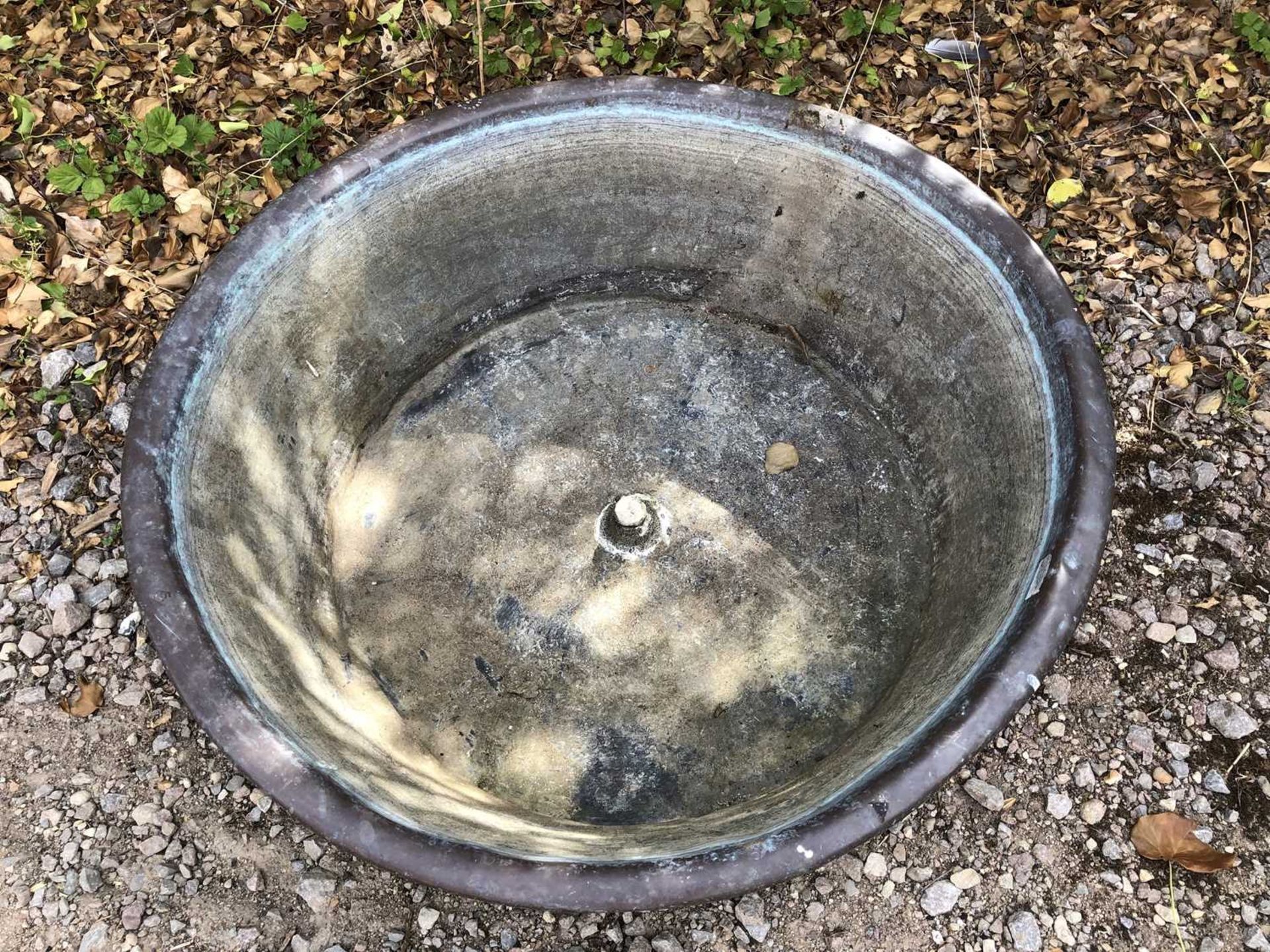 An old circular copper basin, 83cm diameter x 24cm highSome dents and marks overall, and oxidisation - Image 2 of 4