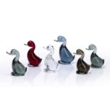 Collection of Whitefriars 'Dilly' ducks glass, in clear, red, blue and, green and brown, all