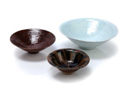 Contemporary Chinese studio pottery three bowls, one a large celadon glazed dish with raised