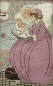 Glasgow School Arts & Crafts embroidery, depicting two girls reading, worked in coloured threads,