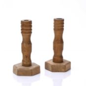 Cotswold school pair of oak candlesticks, unsigned, 20.5cm high overall (2)Overall signs of wear and
