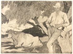 Pierre Adolphe Valette (1876-1942) 'Farmer with cattle', etching, 34cm x 41cmOverall ok, with