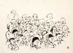 Chiang Yee (1903-1977) 'London faces at a Punch & Judy show', ink and wash study, unframed, 31cm x