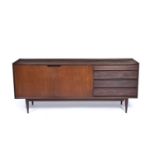 Richard Hornby for Fyne Ladye Afrormosia teak sideboard, with two doors and four drawers on tapering
