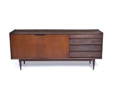 Richard Hornby for Fyne Ladye Afrormosia teak sideboard, with two doors and four drawers on tapering