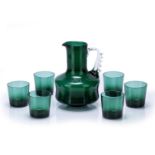 20th Century Green glass water jug and six tumblers, unsigned, the jug is 23cm high, the tumblers