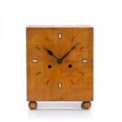 Art Deco style Oak, marquetry inlaid clock, standing on bun feet, 19cm wide x 23.5cm high x 12cm