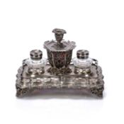 Victorian silver desk or pen and ink stand with two glass inkwells and one glass pot with a silver