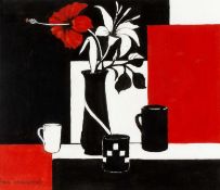 Phyl Freshwater (Contemporary) 'Ferns in red, black and white', watercolour, signed lower left, 20cm