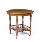 Aesthetic movement oak table with octagonal top, square galleried undertier on porcelain castors,