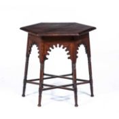 Liberty & Co Mahogany, 'Moorish' table with hexagonal top, plaque to the underside reads '