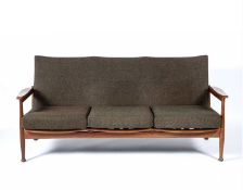 Danish style teak framed sofa, with Harris Tweed cushions, unmarked, 174cm x 79cm x 65cmOverall