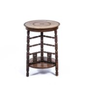 Aesthetic movement circular topped occasional table with mashrabiya style supports, unmarked, 37cm x