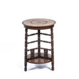 Aesthetic movement circular topped occasional table with mashrabiya style supports, unmarked, 37cm x