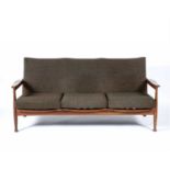 Danish style teak framed sofa, with Harris Tweed cushions, unmarked, 174cm x 79cm x 65cmOverall