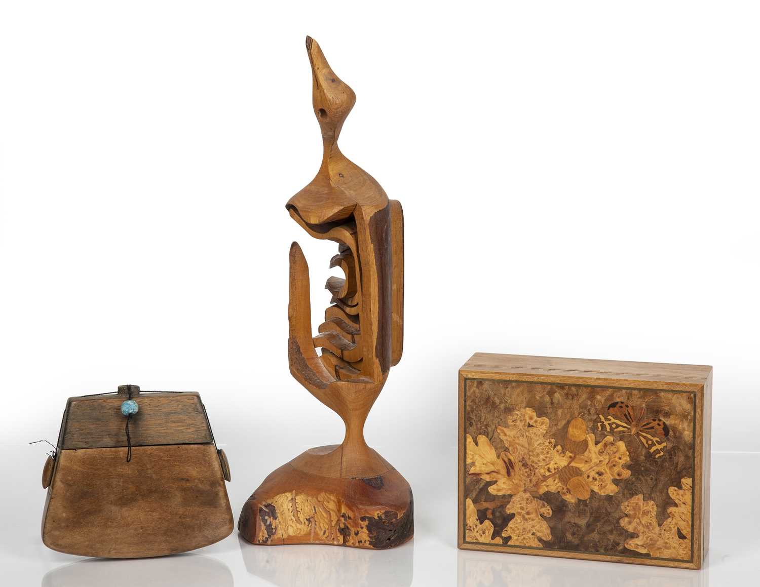 Collection of items comprising of: parquetry inlaid box depicting a butterfly, leaves and acorns, - Image 2 of 2