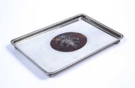 George V silver and pique work tray standing on four bun feet, with oval tortoiseshell panel to