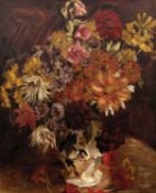 20th Century School 'Untitled still life of flowers in a white vase', oil on canvas laid on board,