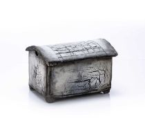 Christine Faber (b.1951) raku pottery, casket and cover with dome top, 27cm x 17.5cm x 18.5cmWith