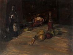 Fred Dubery (1926-2011) 'Still life with bottles', oil on panel, with another still life painted