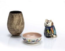 David Sharp at Rye Pottery model of a cat with multi-coloured decoration, signed to the base, 13cm