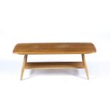 Ercol Light elm rectangular coffee table, with Ercol circular label to the underside, 104cm x 36cm x