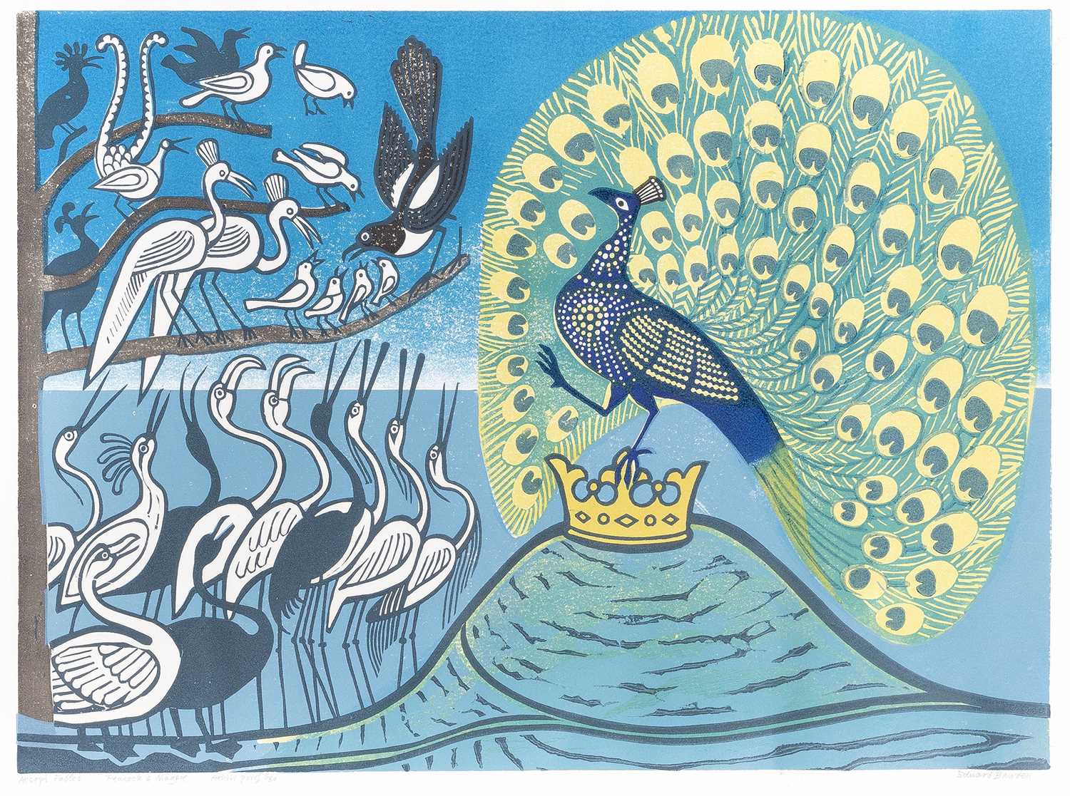 Edward Bawden (1903-1989) 'Aesop's Fables: Peacock and Magpie', linocut, circa 1970, artist's