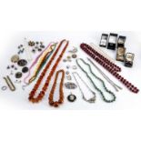 Collection of jewellery comprising of: costume jewellery, bead necklaces, brooches, etc, a pair of