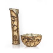 Gillian Acreman (Contemporary) tall studio pottery vase, with floral and leaf decoration, seal