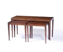 20th Century Teak, nest of three tables (one long and two short), unmarked, the largest table