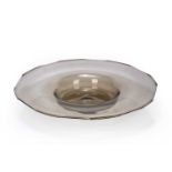 Whitefriars style large glass dish, smokey brown colour, polished pontil to the base, unsigned, 53cm