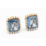 A pair of blue synthetic spinel and cultured pearl earrings, each octagonal mixed-cut blue synthetic