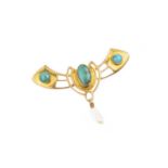 An Arts and Crafts turquoise and baroque pearl brooch, the openwork winged panel of stylised