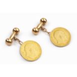 A pair of half sovereign cufflinks, the Edward VII half sovereigns, dated 1907 and 1908