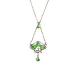 An Edwardian enamel pendant necklace by Charles Horner, designed as a trio of green enamel leaves
