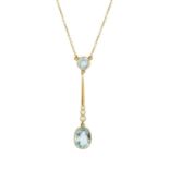 An aquamarine and half pearl pendant necklace, the cushion-shaped mixed-cut aquamarine drop in