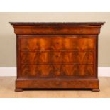 A 19th century French marble topped commode with three long drawers, 128cm wide x 58cm deep x 95cm