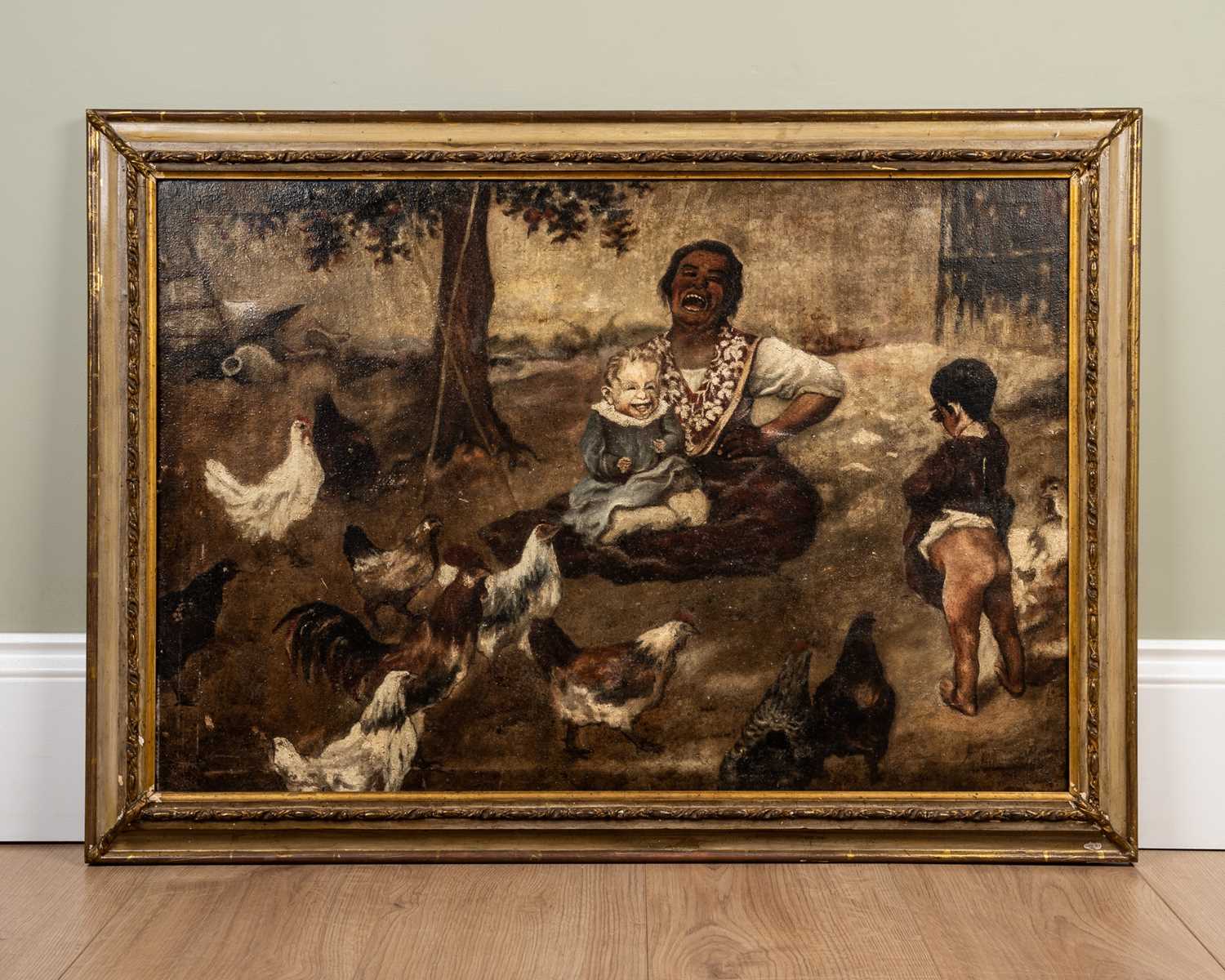 20th Century School, A mother and her children in a farmyard with a group of chickens, oil on