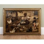 20th Century School, A mother and her children in a farmyard with a group of chickens, oil on
