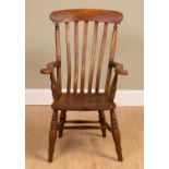 An elm slat back open armchair on turned supports united by H frame stretcher, 64cm wide x 45cm deep