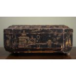 A Regency black lacquered sewing box with gilded chinoiserie decoration, single drawer, brass