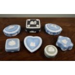 A group of six Wedgwood Jasperware lidded boxes and a heart-shaped Wedgwood Jasperware dish, the