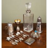 Silver and other items to include a silver sugar sifter, a silver cigarette case and 6 various