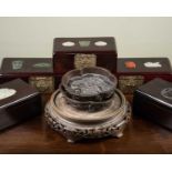 A group of five hardwood boxes with applied hardstone decoration together with; a pair of bronze low