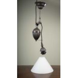 A pair of early 20th century French pendant light fittings with conical glass shades, wired for