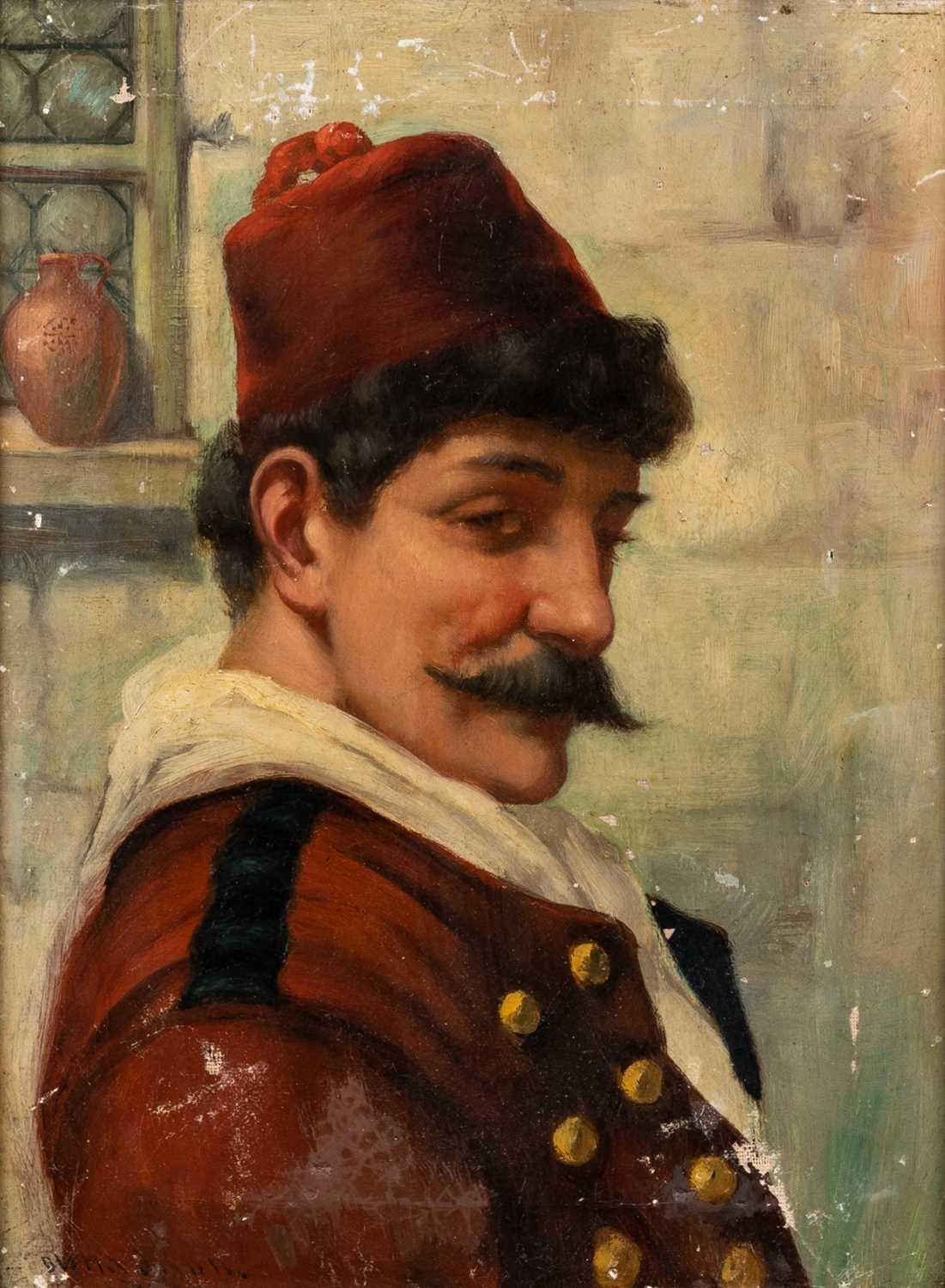 A portrait of a man in a fez, oil on canvas, signed indistinctly to the lower left, framed, 29.5cm x