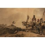 D Norie, 19th century, soldiers on horseback, watercolour, framed and glazed, 49cm x