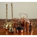 A collection of antique metalware to include a copper kettle, a brass kettle, a pair of barley twist