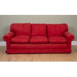 A Wesley Barrell three seater sofa with red upholstery, 215cm wide x 95cm deep x seat height